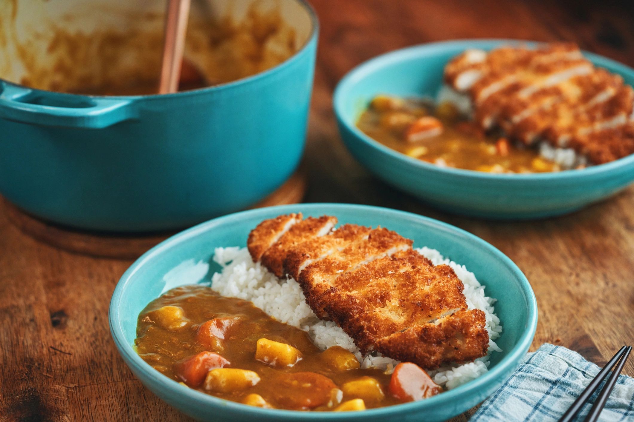 Japanese katsu curry with crispy chicken and vegetables
