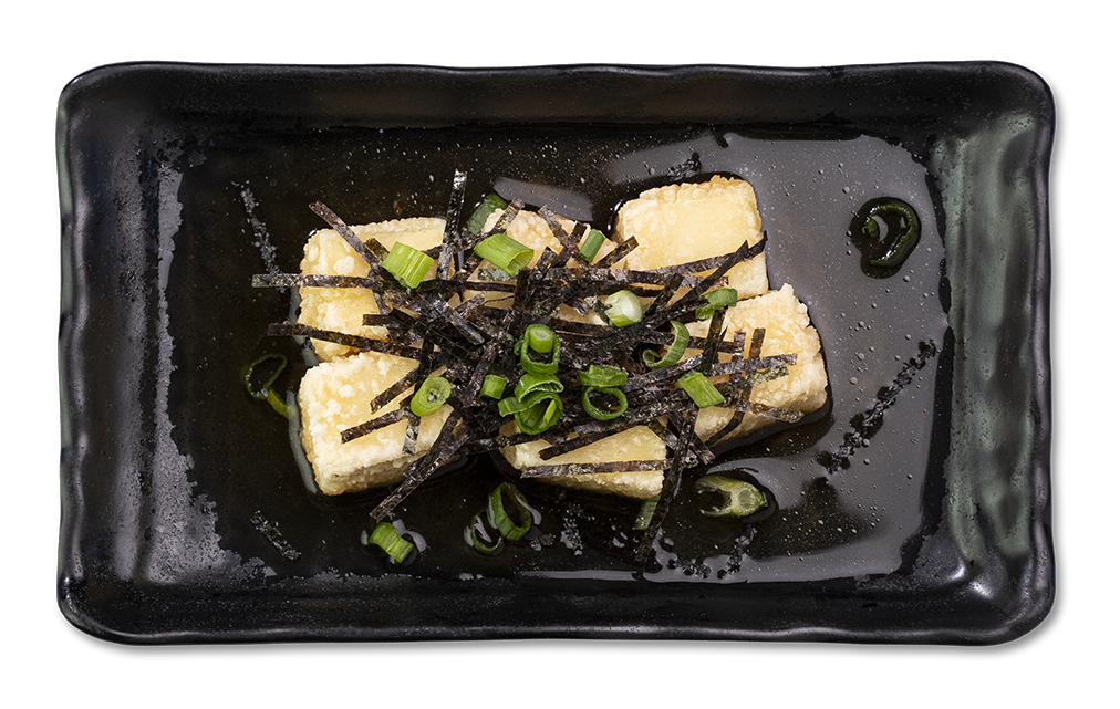 Agedashi tofu topped with nori and green onions