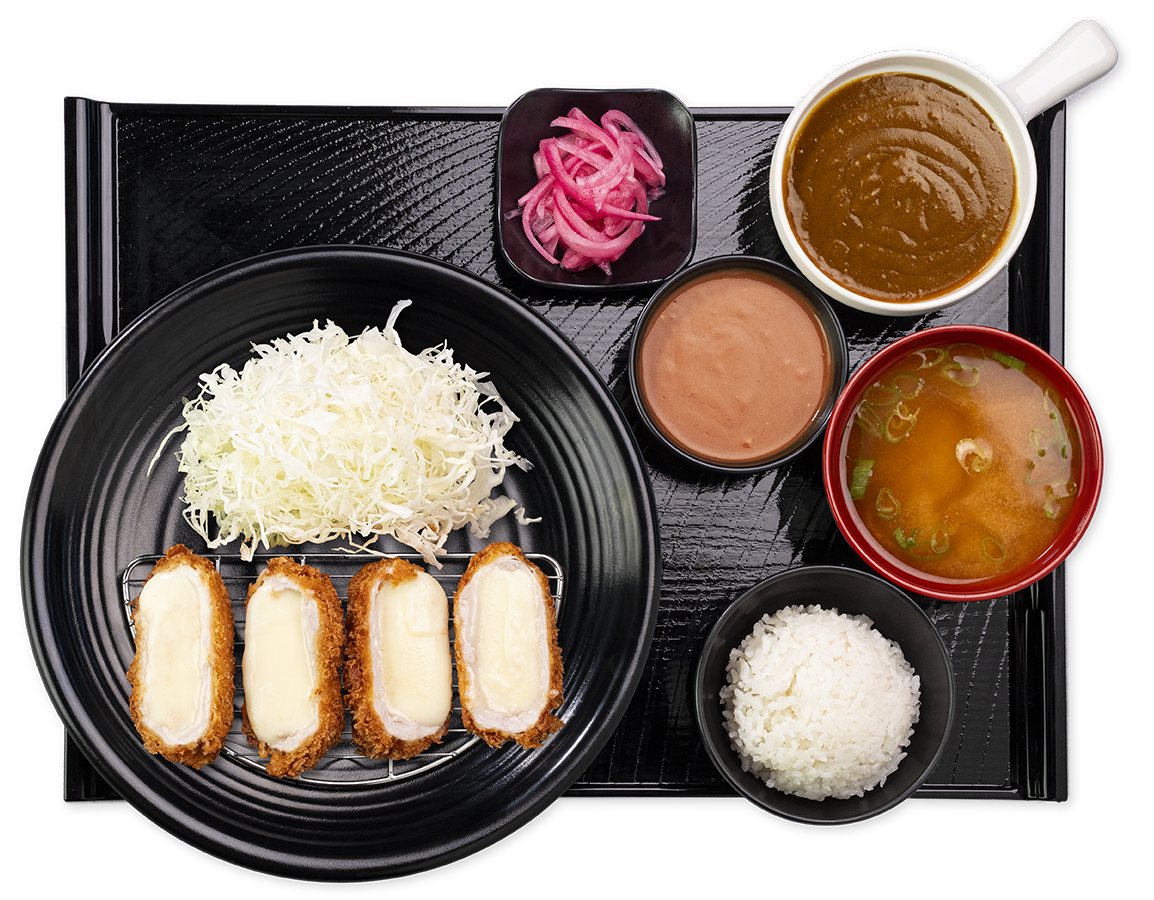 Cheese katsu set with rice, miso soup, cabbage and sauces