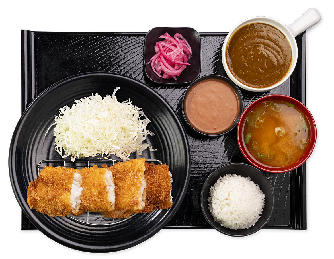 Fish katsu set with rice, miso soup, cabbage and sauces