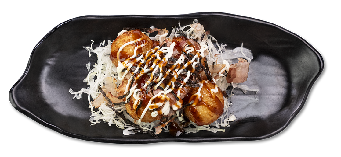 Takoyaki topped with bonito flakes, nori and sauce