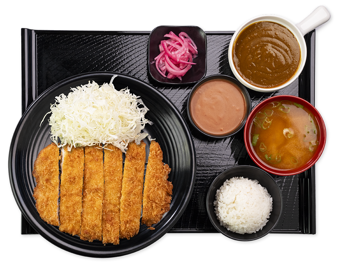 Tonkatsu set with rice, miso soup, cabbage and sauces