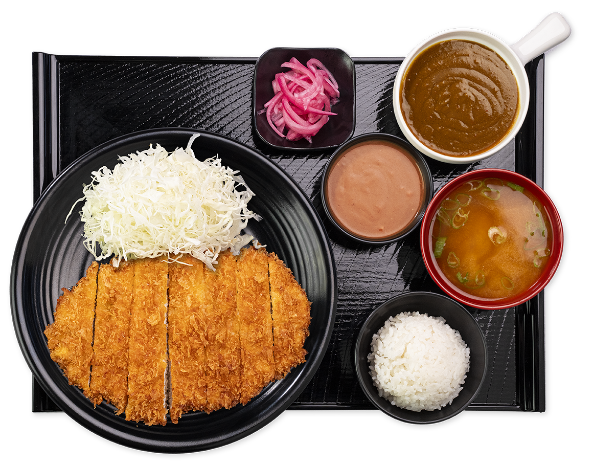 Chicken katsu set with rice, miso soup, cabbage and sauces